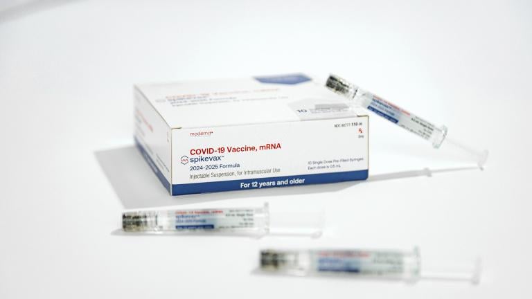 This photo provided by Moderna in August 2024 shows packaging and syringes for the company's updated COVID vaccine for ages 12 and older approved by the U.S. Food and Drug Administration on Thursday, Aug. 22, 2024. (Moderna via AP)