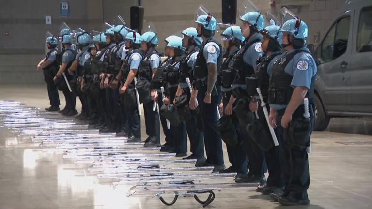 Chicago police officers training at McCormick Place on June 6, 2024, ahead of the upcoming Democratic National Convention. (WTTW News)