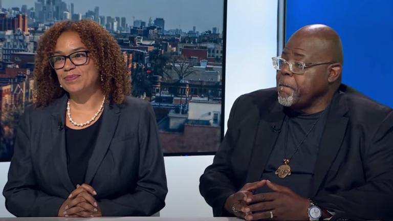 Chicago Board of Education members Michilla Blaise and Jitu Brown appear on “Chicago Tonight” on Aug. 18, 2025. (WTTW News)