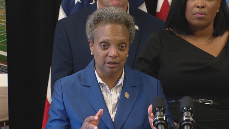 Mayor Lori Lightfoot speaks to reporters at a press conference to release the district’s budget proposal on Aug. 8, 2019. (WTTW News) Mayor Lori Lightfoot speaks to reporters at a press conference to release the district’s budget proposal on Aug. 8, 2019. (WTTW News)