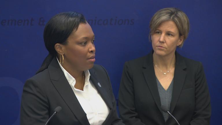 CPS CEO Janice Jackson, left, and Chicago Department of Public Health Deputy Commissioner Jennifer Layden discuss the school district’s COVID-19 response at a press conference Tuesday, March 10, 2020. (WTTW News)