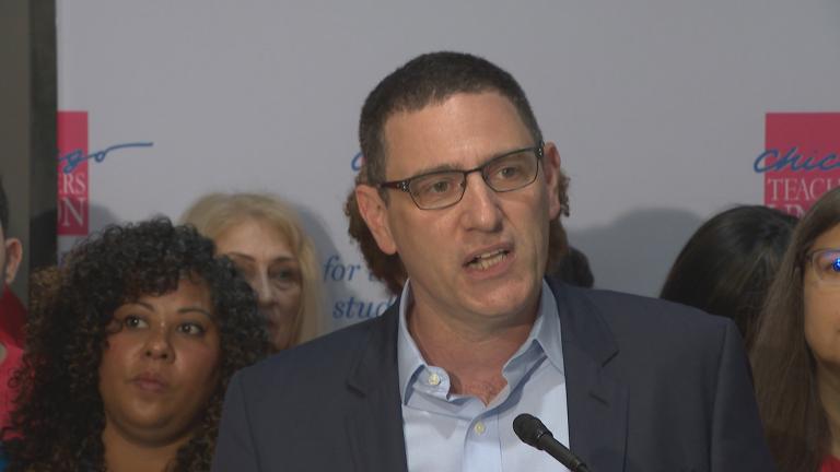 CTU Vice President Jesse Sharkey speaks during a press conference at union headquarters on Aug. 8, 2018. (Chicago Tonight) CTU Vice President Jesse Sharkey speaks during a press conference at union headquarters on Aug. 8, 2018. (Chicago Tonight)