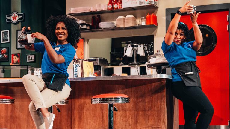 Shantel Cribbs (left) and Melanie Loren in “Pump Boys & Dinettes” from Porchlight Music Theatre, now playing through Dec. 12. (Photo by Chollette)