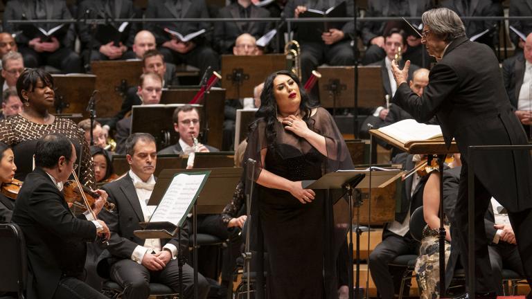 Mezzo-soprano Anita Rachvelishvili, center, performs the role of Santuzza in “Cavalleria rusticana,” conducted by music director Riccardo Muti, right, with the Chicago Symphony Orchestra and Chorus at Symphony Center on Feb. 6, 2020. (Credit: Todd Rosenberg)