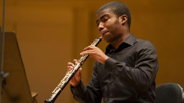 CMPI fellow Zachary Allen participates in a coaching session with CSO Zell Music Director Riccardo Muti on March 31, 2021. (Credit: Todd Rosenberg)