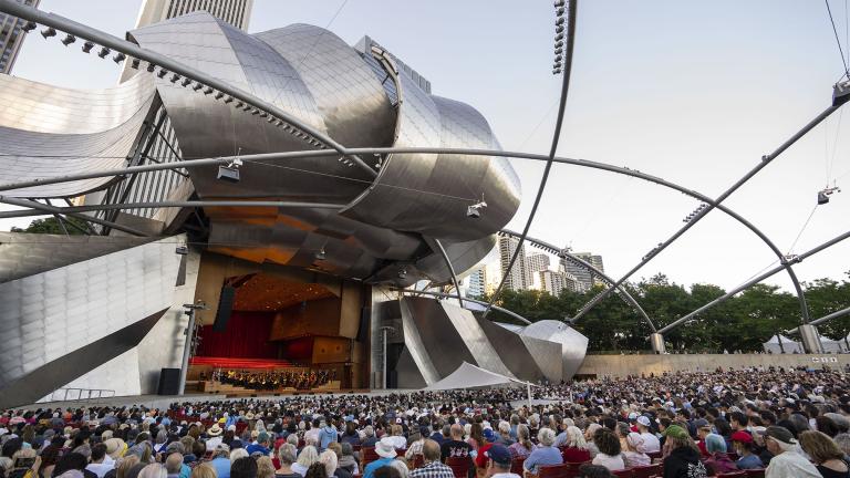 A capacity crowd of 12,000 packs Millennium Park on a beautiful summer evening in the city to enjoy a free Concert for Chicago featuring the Chicago Symphony Orchestra and its Music Director Riccardo Muti performing music by Shostakovich and Tchaikovsky. The performance marked the first return to Millennium Park for Muti and the CSO since 2018.  (Credit: Todd Rosenberg Photography)