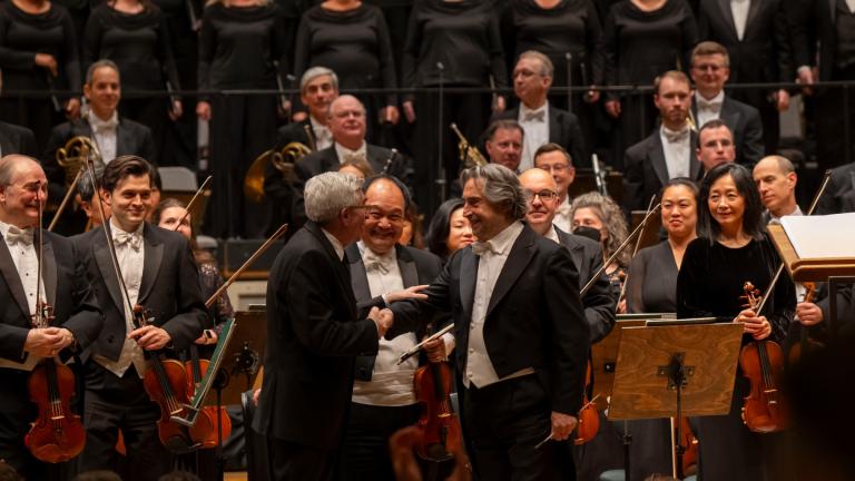 Riccardo Muti and guest chorus director Donald Palumbo onstage following performance of Beethoven’s “Missa solemnis.” (Todd Rosenberg)