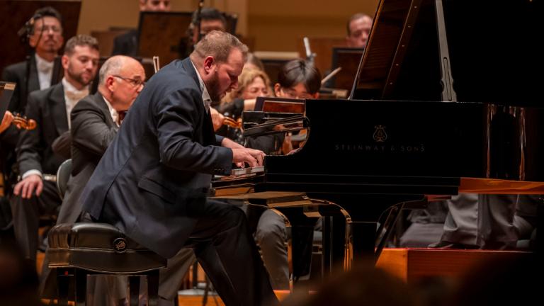 Pianist Lukáš Vondráček in a performance of Chopin’s “Piano Concerto No. 2” with the Chicago Symphony Orchestra and conductor Marin Alsop. (Todd Rosenberg Photography)