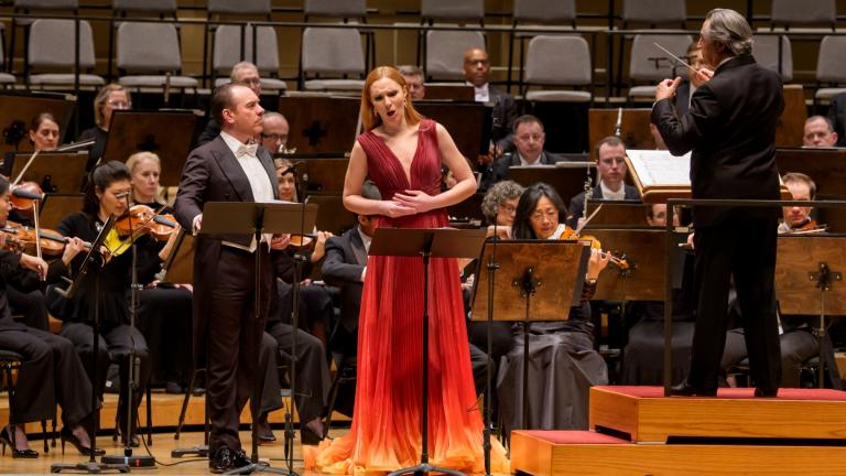 Soprano Lidia Fridman and tenor Francesco Meli in a performance of Puccini’s Act IV from “Manon Lescaut” with Music Director Emeritus for Life Riccardo Muti and the Chicago Symphony Orchestra. (Todd Rosenberg Photography)