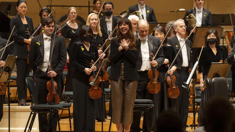 Composer Missy Mazzoli acknowledges the audience following a performance of the world premiere of CSO Commission “Orpheus Undone.” (Credit: Todd Rosenberg Photography)