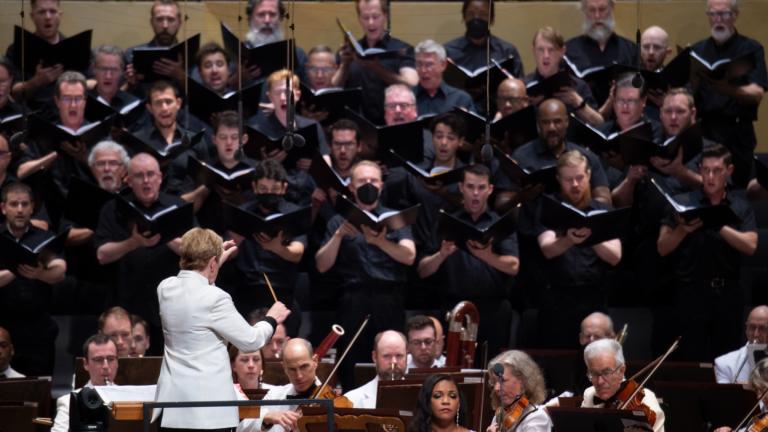 The Chicago Symphony Orchestra and Chorus performs under the direction of Marin Alsop, Ravinia’s chief conductor, on July 30, 2022. (Courtesy of Ravinia)