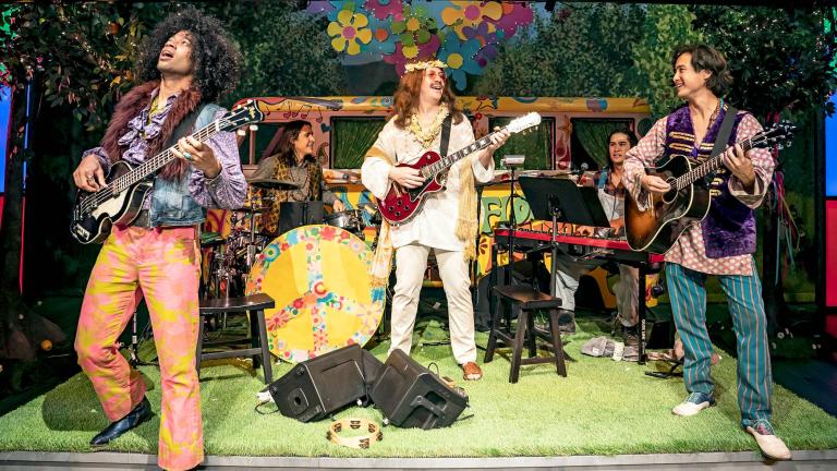 The Forest Lords of Arden (left to right: Austin Eckert, Jeff Kurysz, Adam Wesley Brown, Michael Daniel Dashefsky, Kurt Schweitz) jam to the hit song of The Beatles in Chicago Shakespeare Theater’s production of “As You Like It,” adapted and directed by Daryl Cloran, in the Courtyard Theater, Oct. 6–Nov. 21. (Photo by Liz Lauren)
