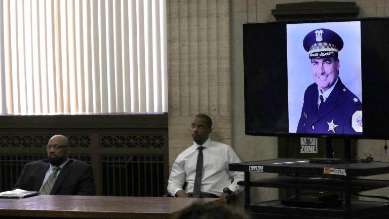 An image of Chicago Police Cmdr. Paul Bauer is shown during closing statements for Shomari Legghette at the Leighton Criminal Courthouse, Friday, March 13, 2020. Legghette was charged with first degree murder in the fatal shooting of Bauer. (Antonio Perez/Chicago Tribune/Pool)