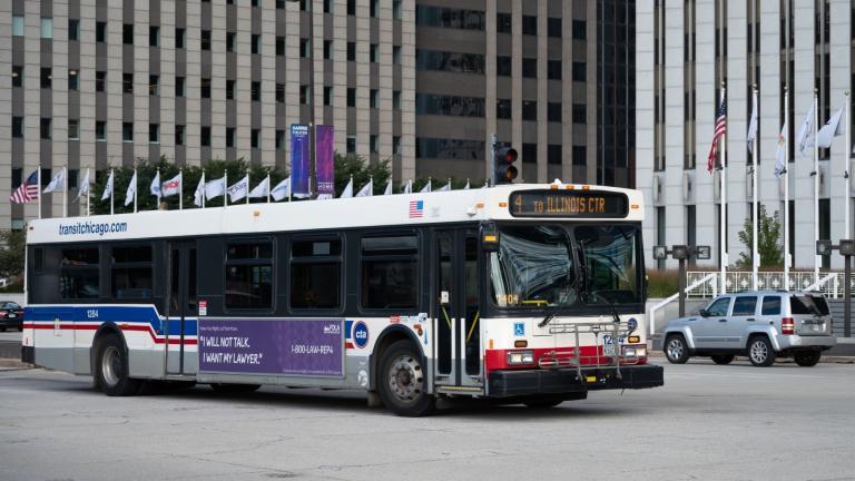 A CTA bus is pictured in downtown Chicago in a file photo. (Credit: Wirestock) 