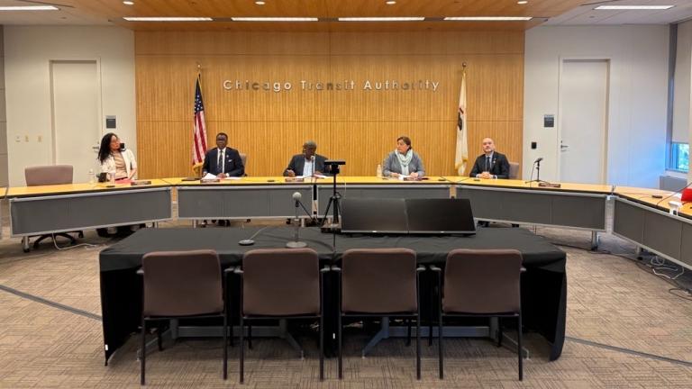 Chicago Transit Board Directors Michele Lee, Michael Eaddy, Lester Barclay, Rosa Oritz, and Roberto Requejo at a special meeting Thursday, May 8, 2025. (Nick Blumberg/WTTW News)