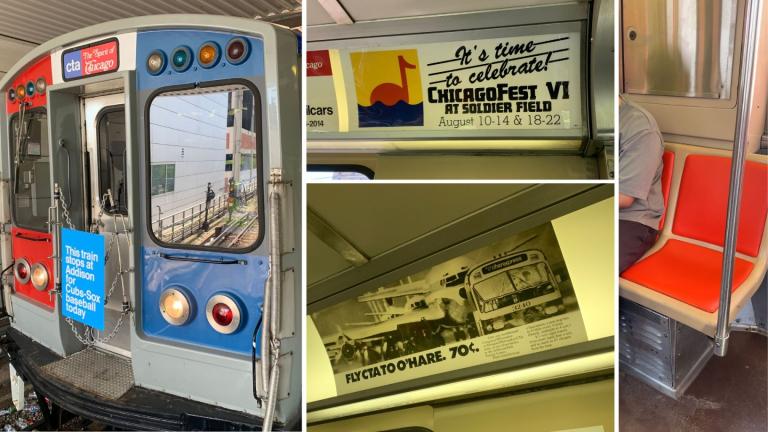 The Chicago Transit Authority brought out some of its Heritage Fleet railcars for the Crosstown Classic on May 16, 2025. The 2400-series railcars were built by Boeing-Vertol between 1976 and 1978. Pictured are the front of the train, reprinted vintage ads and a seat. (Eunice Alpasan and Nicole Cardos / WTTW News)