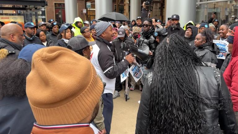 Protesters gather outside the Chicago Transportation Authority board meeting on March 11, 2026. (Nick Blumberg / WTTW News)