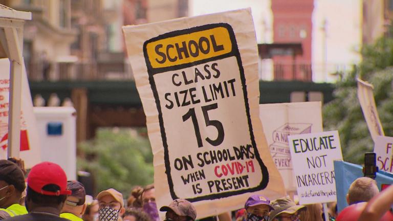 Demonstrators march in Chicago on Wednesday, June 24, 2020 to show their support for removing police officers from schools. (WTTW News)
