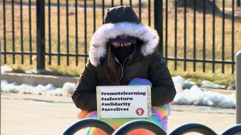 A Chicago teacher works outdoors on Wednesday, Feb. 3, 2021. (WTTW News)