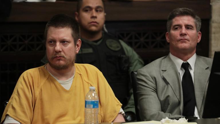 Former Chicago police Officer Jason Van Dyke and his attorney Daniel Herbert, right, listen as the judge describes how he’ll be sentenced on Friday, Jan. 18, 2019. (Antonio Perez / Chicago Tribune / Pool)