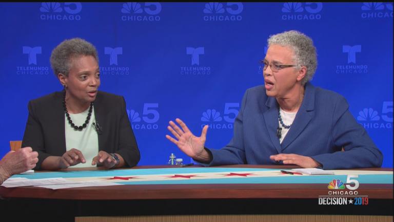 Mayoral candidates Lori Lightfoot, left, and Cook County Board President Toni Preckwinkle participate in a televised forum on NBC 5 Chicago on Thursday, March 7, 2019. The two will face off in a runoff election April 2, 2019. (Courtesy of NBC 5 Chicago)