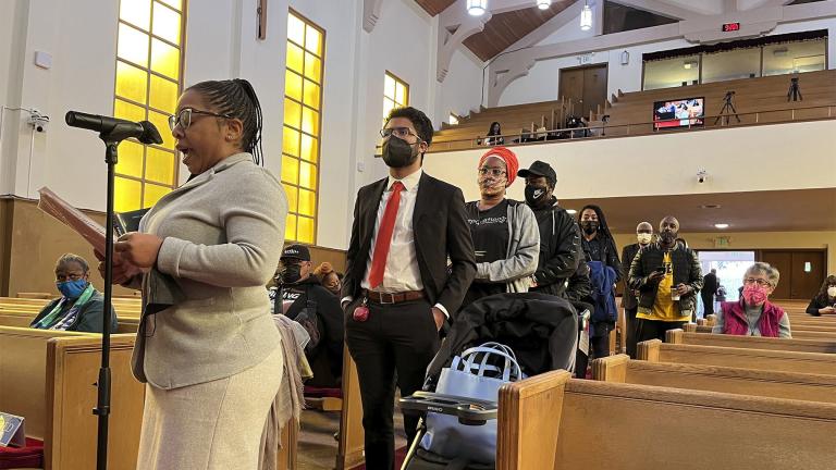 People line up to speak during a reparations task force meeting at Third Baptist Church in San Francisco on April 13, 2022. (AP Photo / Janie Har, File)