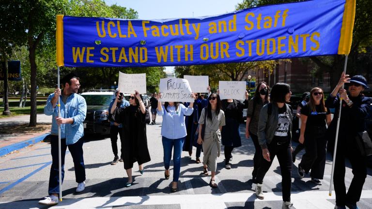 Faculty and staff march on the UCLA campus, after nighttime clashes between Pro-Israel and Pro-Palestinian groups, Wednesday, May 1, 2024, in Los Angeles. (AP Photo / Jae C. Hong, File)