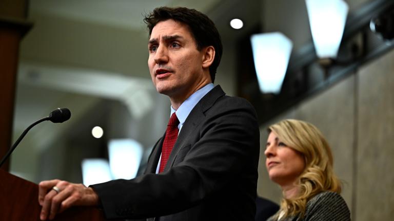 Canadian Prime Minister Justin Trudeau addresses media members after U.S. President Donald Trump signed an order to impose stiff tariffs on imports from Mexico, Canada and China, in Ottawa, Canada, Saturday, Feb. 1, 2025. (Justin Tang/The Canadian Press via AP)