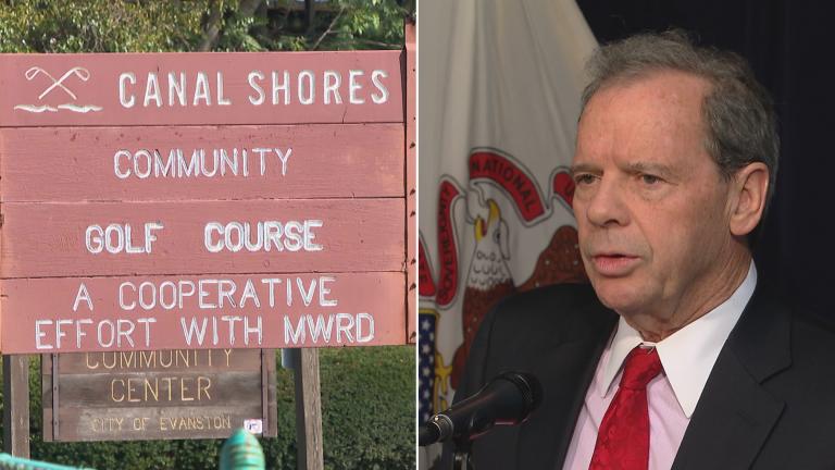 A sign for the Canal Shores golf club, left, and a file photo of Illinois Senate President John Cullerton. (WTTW News)