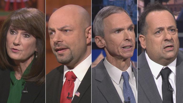 Democratic candidates for Illinois’ 3rd Congressional District, from left: Marie Newman, Rush Darwish, incumbent Dan Lipinski and Charles Hughes appear on a “Chicago Tonight” candidate forum. (WTTW News)