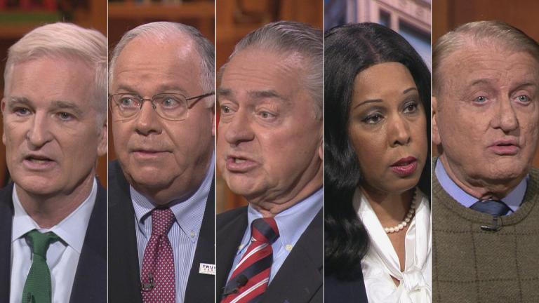 Republican candidates for Senate, from left: Mark Curran, Tom Tarter, Casey Chlebek, Peggy Hubbard and Robert Marshall appear on a “Chicago Tonight” candidate forum. (WTTW News)