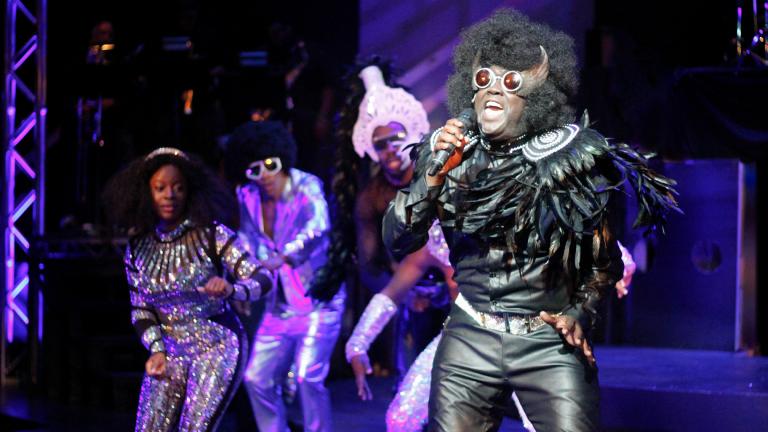 From left: Thera Wright, Vincent Jordan, Stewart Romeo and Dwight Neal in “You Can’t Fake the Funk (A Journey Through Funk Music),” at Black Ensemble Theater. (Photo credit: Alan Davis)