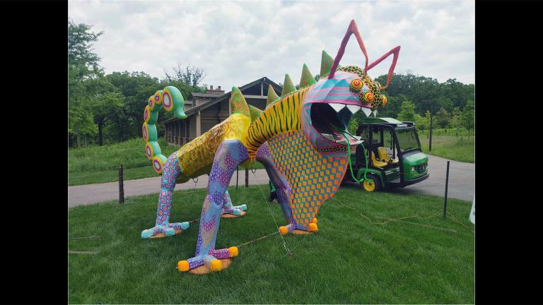 Eighteen monumental versions of the folk art known as alebrijes are in the park as a part of the exhibit “Alebrijes: Creatures of a Dream World” brought to Cantigny Park by the Mexican Cultural Center Du Page in collaboration with Meztli Artist Collective in Mexico City. (WTTW News)
