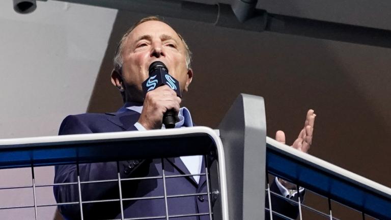 NHL Commissioner Gary Bettman speaks before an NHL hockey game between the Seattle Kraken and the Vancouver Canucks, Saturday, Oct. 23, 2021, in Seattle. (AP Photo / Ted S. Warren)
