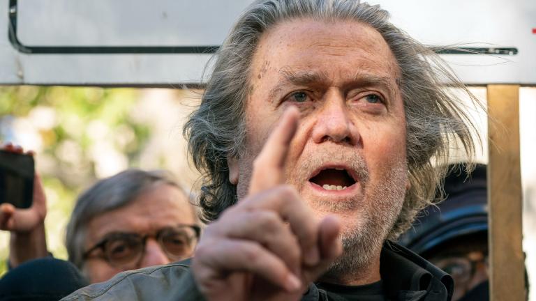 Former White House strategist Steve Bannon pauses to speak with reporters after departing federal court, Monday, Nov. 15, 2021, in Washington. (AP Photo / Alex Brandon)