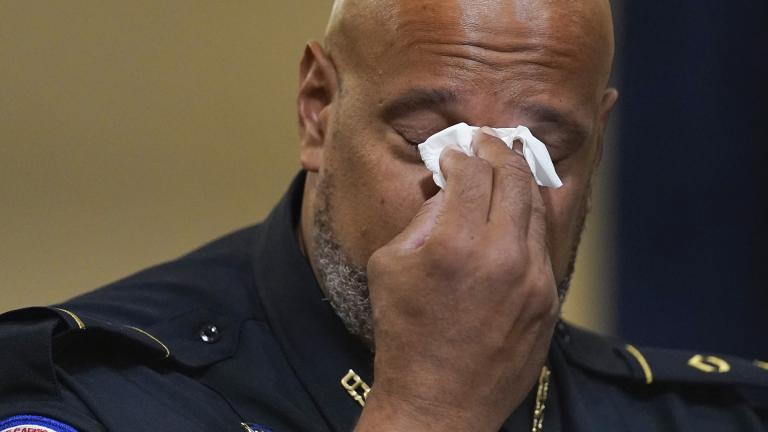 Washington Metropolitan Police Department officer Daniel Hodges wipes his eyes during the House select committee hearing on the Jan. 6 attack on Capitol Hill in Washington, Tuesday, July 27, 2021. (AP Photo / Andrew Harnik, Pool)