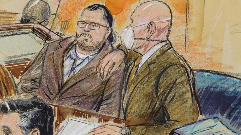 This artist sketch depicts Guy Wesley Reffitt, joined by his lawyer William Welch, right, in Federal Court, in Washington, Monday, Feb. 28, 2022. Reffitt, a Texas man charged with storming the U.S. Capitol with a holstered handgun on his waist, is the first Jan. 6 defendant to go on trial. (Dana Verkouteren via AP)
