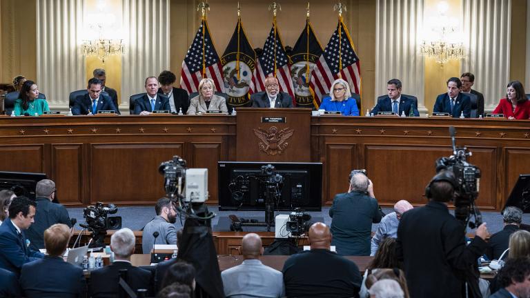 Chairman Bennie Thompson, D-Miss., and Vice Chair Liz Cheney, R-Wyo., arrive as the House select committee investigating the Jan. 6 attack on the U.S. Capitol holds its first public hearing to reveal the findings of a year-long investigation, on Capitol Hill, Thursday, June 9, 2022, in Washington. (AP Photo / Andrew Harnik)