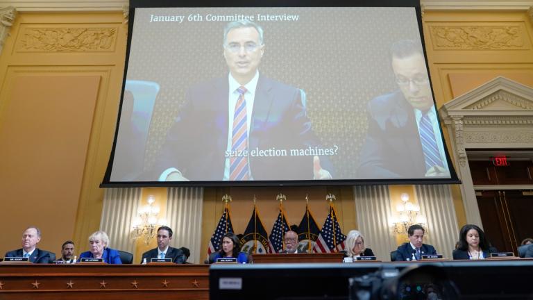 A video of Pat Cipollone, former White House counsel, is displayed as the House select committee investigating the Jan. 6 attack on the U.S. Capitol holds a hearing at the Capitol in Washington, Tuesday, July 12, 2022. (AP Photo / Jacquelyn Martin)