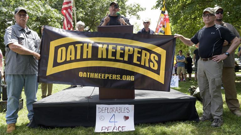 Stewart Rhodes, founder of the citizen militia group known as the Oath Keepers, center, speaks during a rally outside the White House in Washington, on June 25, 2017. (AP Photo / Susan Walsh, File) Stewart Rhodes, founder of the citizen militia group known as the Oath Keepers, center, speaks during a rally outside the White House in Washington, on June 25, 2017. (AP Photo / Susan Walsh, File)