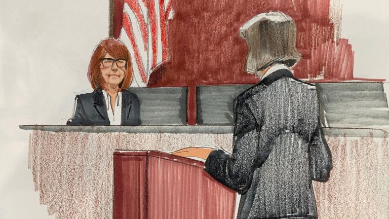  Former state Rep. Carol Sente was the first government witness called in the trial on Oct. 22, 2024. (Illustration by Cheryl Cook)