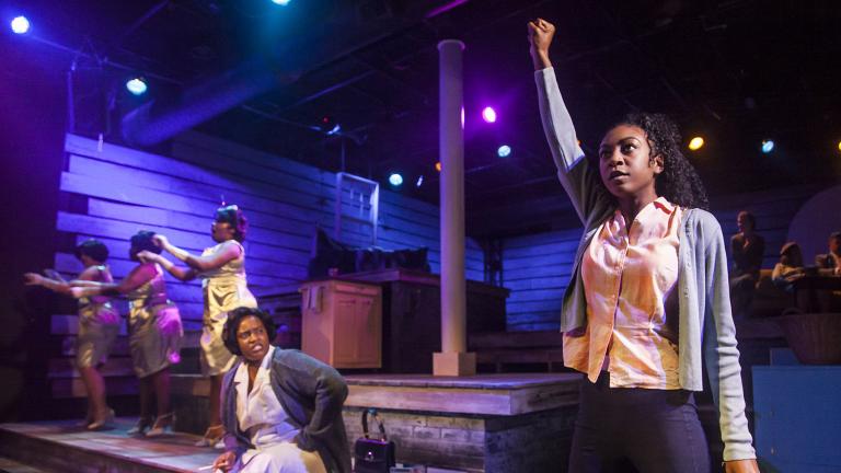 From left: Rashada Dawan and Bre Jacobs with, in background, Emma Sipora Tyler, De’Jah Jervai and Roberta Burke in Firebrand Theatre and TimeLine Theatre Company’s production of “Caroline, Or Change.” (Photo by Marisa KM) 