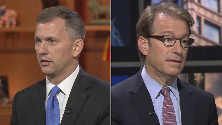 Sean Casten, left, and U.S. Rep. Peter Roskam appear on “Chicago Tonight” on Oct. 22, 2018.