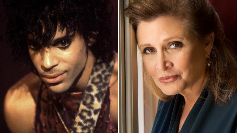 Among the celebrity deaths in 2016: Prince (courtesy of Paul Natkin) and Carrie Fisher (Riccardo Ghilardi / Wikimedia Commons).