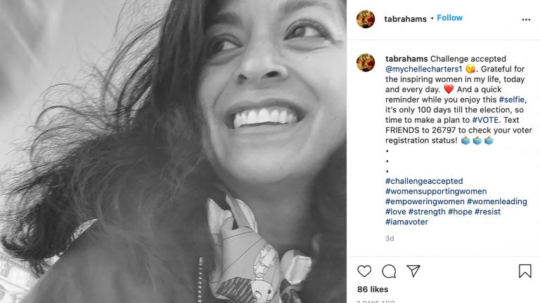 This image provided by Tara Abrahams shows her Instagram post with the #challengeaccepted joining female users across the United States, flooding the photo-sharing app with black-and-white images. The official goal: a show of support for other women. Abrahams, the philanthropic advisor from New York added a caption encouraging people to check their voter registration status and make a plan to vote in November. (Tara Abrahams via AP)