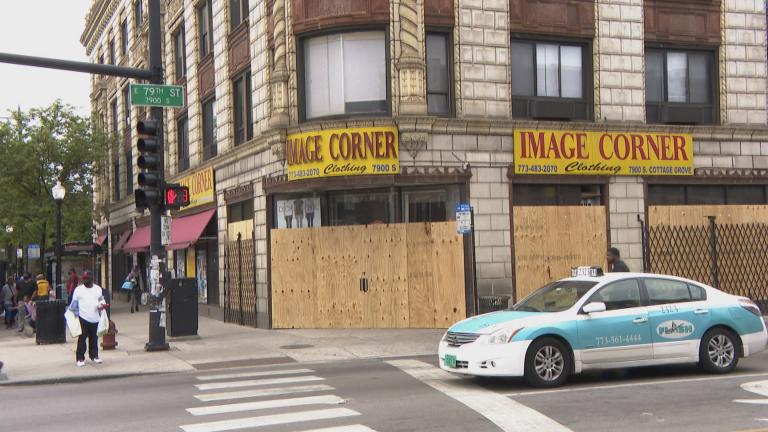 A business is boarded up in Chicago’s Chatham neighborhood on the city’s South Side on Wednesday, June 3, 2020, following unrest over the killing of George Floyd. (WTTW News) A business is boarded up in Chicago’s Chatham neighborhood on the city’s South Side on Wednesday, June 3, 2020, following unrest over the killing of George Floyd. (WTTW News)