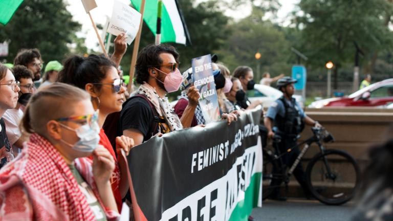 Protesters March down Michigan Avenue in Chicago on Sunday, Aug. 18, 2025, ahead of the start of the Democratic National Convention. (Michael Izquierdo / WTTW News)