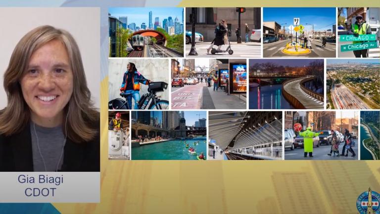 A screenshot shows Chicago Department of Transportation Commissioner Gia Biagi giving a speech to the City Club on Wednesday, Aug. 19, 2020. (City Club of Chicago / YouTube)