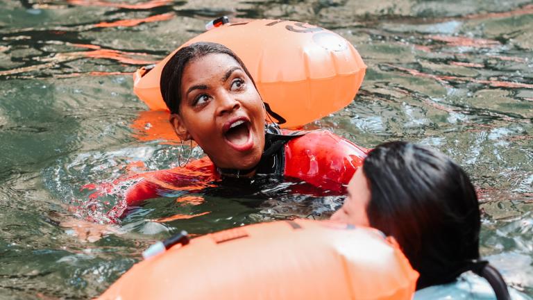 Brandis Friedman takes the plunge into the Chicago River on Sept. 18, 2026, as part of the Chicago River Swim Big Jump event. (Couresy of Athletic Content House)