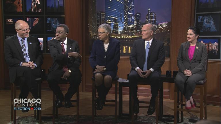 Paul Vallas, Willie Wilson, Toni Preckwinkle, Bill Daley and Susana Mendoza appear on “Chicago Tonight” on Monday, Feb. 18, 2019.